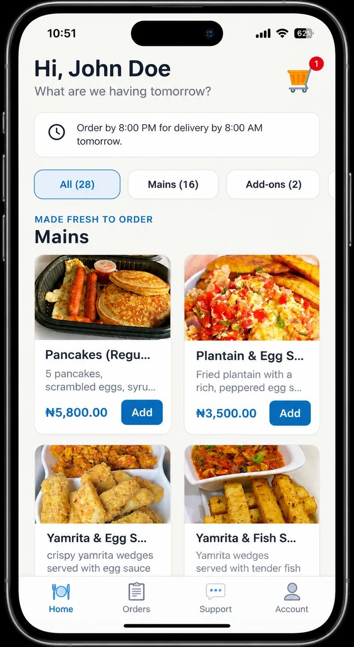 The Teeana Go app on an iPhone, showing the mains menu with prices